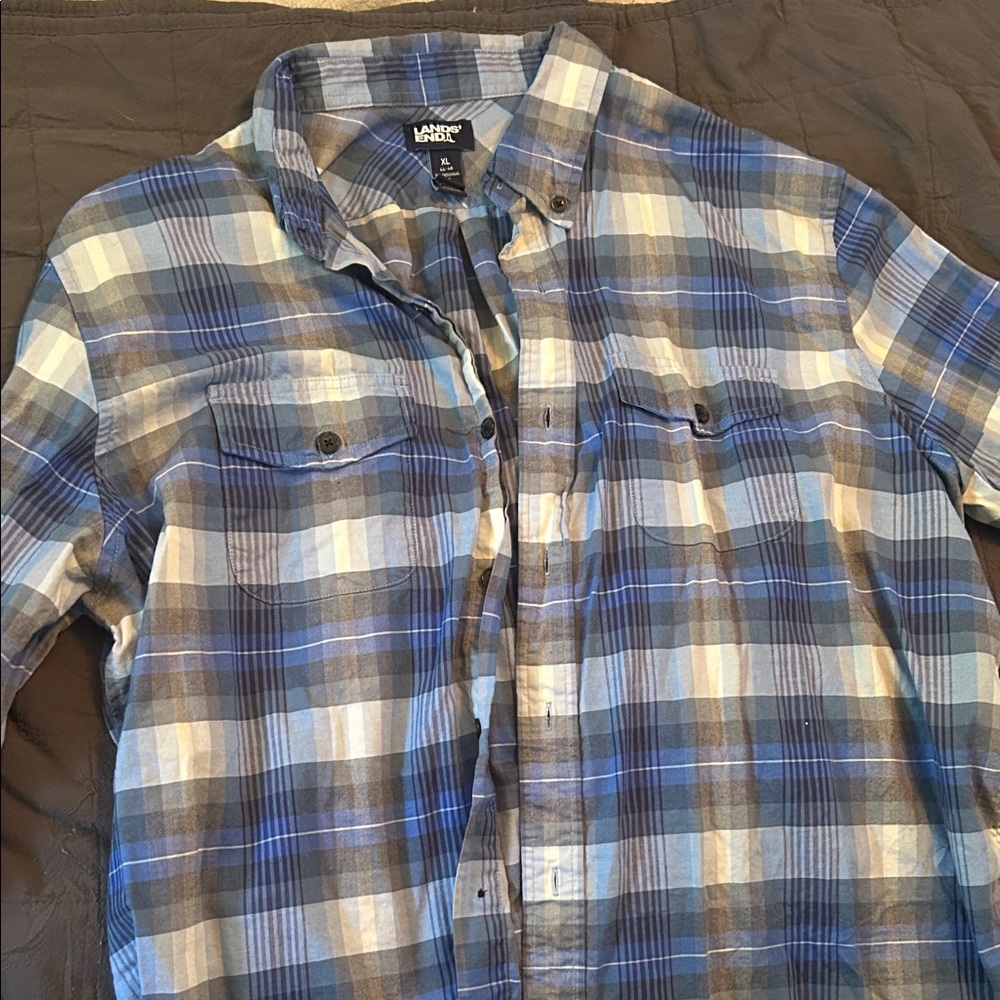 Lands' End Men's Casual Blue and White Plaid Shirt
